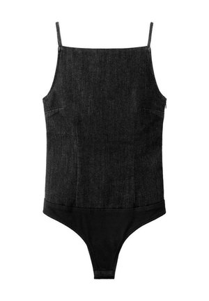 Czarny body z denimu z cienkimi ramiączkami, kwadratowym dekoltem i zapięciem na zatrzaski na dole.