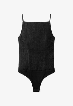 Czarny body z denimu z cienkimi ramiączkami, kwadratowym dekoltem i zapięciem na zatrzaski na dole.