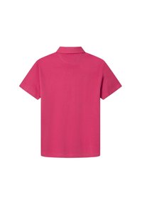 Polo tričko s krátkým rukávem v jasně růžové barvě z bavlny se standardním límečkem, detailem švu na zadní straně a uvolněným střihem. Bez vzorů nebo akcentů.