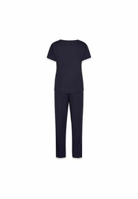 Set da notte blu navy composto da due pezzi, con una maglietta a maniche corte e pantaloni lunghi con rifiniture in pizzo sui bordi delle maniche e sui fondi dei pantaloni. Tessuto morbido.