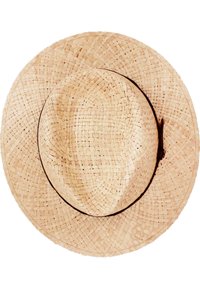 Sombrero de paja con ala ancha, color beige natural, textura trenzada y una banda marrón alrededor de la base. Forma circular, construcción ligera.