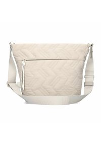 Borsa a spalla trapuntata beige con motivo a zigzag, una tasca frontale con zip e una tracolla regolabile. Realizzata in materiale morbido e resistente.