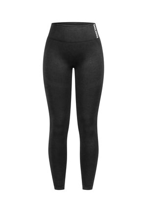 Schwarze Leggings aus einem glatten, dehnbaren Stoff. Hoch geschnittenes Design mit einem gerippten Taillenbund und einem kleinen Logo-Akzent an der Seite.