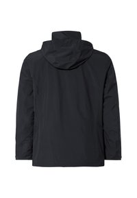 Giacca nera impermeabile con cappuccio, caratterizzata da una texture liscia e un design minimalista. La vista dal retro non mostra loghi o fantasie visibili.