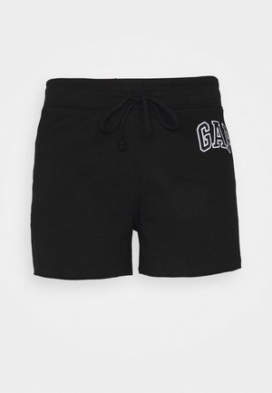 Shorts noirs en coton avec une taille élastique et un cordon de serrage ; logo "GAP" brodé en blanc sur le côté gauche.