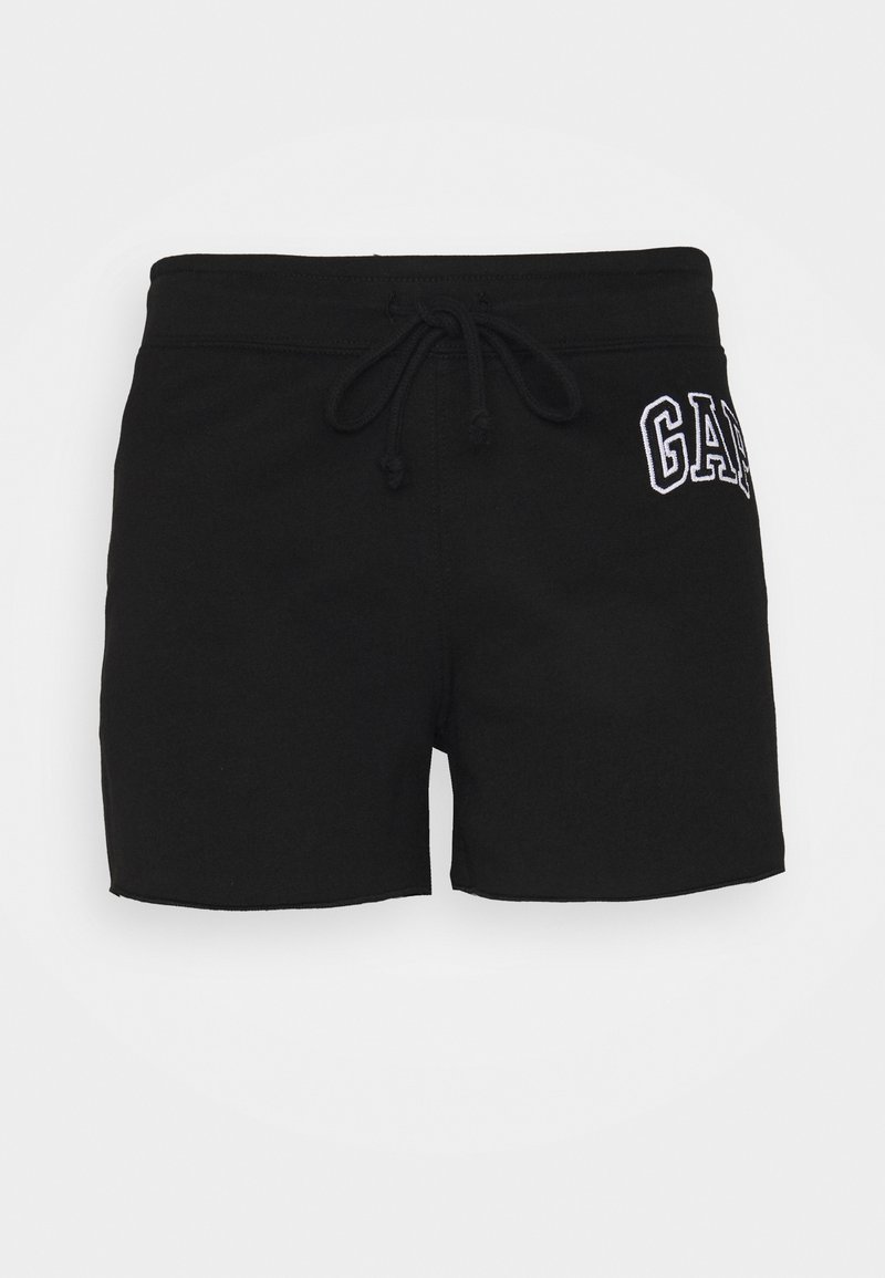 Svarta bomullsshorts med elastisk midja och snörning; har "GAP" broderat i vitt på vänster sida.
