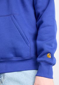 Blue sweatshirt made from cotton blend, featuring a kangaroo pocket, ribbed cuffs, and a gold logo on the sleeve. Smooth texture.