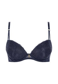 Soutien-gorge en dentelle marine avec armatures, motif floral, bretelles ajustables et un accent doré au centre. Texture lisse et bonnets moulés.