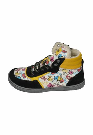 High-top sneakers featuring a colorful graphic pattern with yellow, black, and white sections; textured suede accents and metal eyelets.