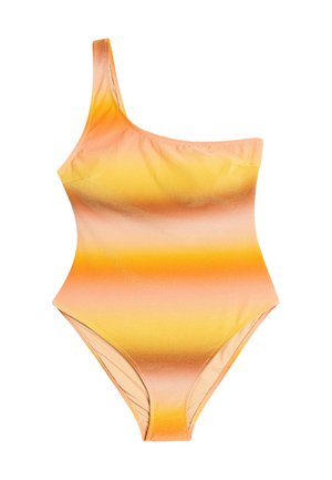 Eén-schouder badpak met een verloop van kleuren in geel en oranje, met een gladde, glanzende textuur. Ontworpen met een flatterende pasvorm en hoge beenopening.