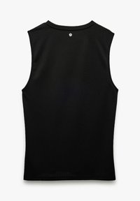 Top senza maniche nero con scollatura rotonda, texture liscia e un piccolo logo sul retro. Design semplice senza ulteriori motivi o decorazioni.