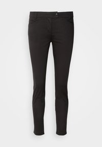 Pantalon noir ajusté en mélange de coton extensible, avec fermeture frontale à boutons, passants pour ceinture et deux poches latérales.
