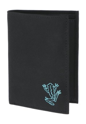 Black bi-fold wallet with stitched edges and a small blue frog outline design on the lower right corner of the front side.