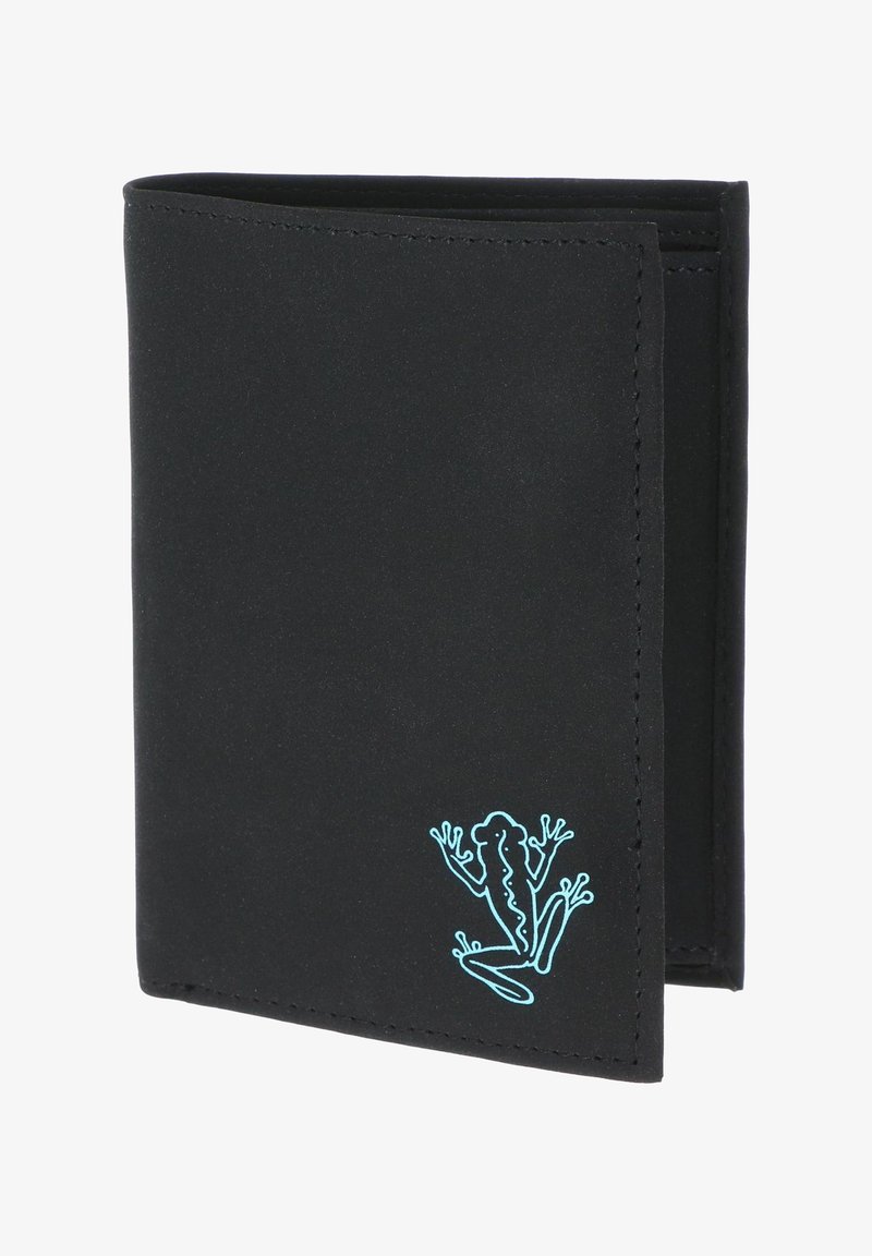 Portefeuille noir bi-pli avec bords cousus et petit dessin de contour de grenouille bleue dans le coin inférieur droit de la face avant.
