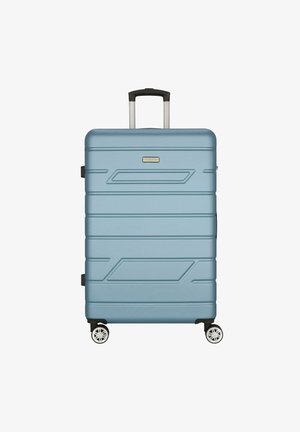 Harde koffer in lichtblauw, met gestructureerde strepen, een uitschuifbare handgreep en vier multidirectionele wielen voor gemakkelijke mobiliteit.