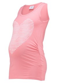 Pink cotton tank top featuring a white striped heart design on the front. The fabric is soft with side ruching for a fitted look.