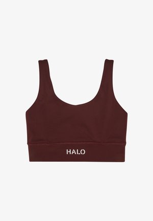 Burgundowy stanik sportowy z okrągłym dekoltem i szerokimi ramiączkami, z logo marki "HALO" w białym kolorze na dolnej taśmie.