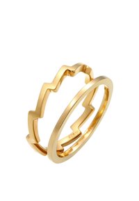Sæt af ringe i guldtonet metal med zigzag-design i den ene ring og en glat band i den anden, der fremviser kontrasterende former og finish.