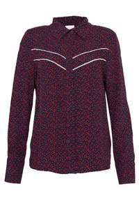 Camicia button-up blu navy con accenti bianchi, caratterizzata da un motivo floreale in rosso e bianco, maniche lunghe e colletto.