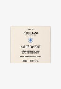 L'Occitane Ultra Rich Body Cream, kwadratowe kremowe pudełko, niebieskie akcenty, tekst: "Karité Confort", 200 ml, wydrukowano szczegóły produktu.