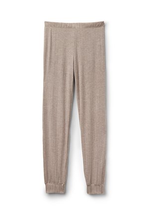 Leggings marroni chiari realizzati in tessuto morbido ed elastico. Presentano un design aderente con una vita liscia e polsini affusolati alle caviglie.