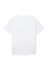 Maglietta bianca a maniche corte in cotone, con scollo tondo, orlo diritto e senza motivi o grafiche visibili.