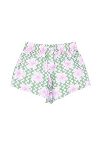 Shorts gjorda av lättviktsmaterial, med ett grönt vågmönster och rosa blommor. Elastisk midja och avslappnad passform.