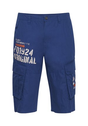 Pantaloni scurți cargo albaștri din bumbac, cu două buzunare laterale, închidere cu nasture și text imprimat în alb pe față.