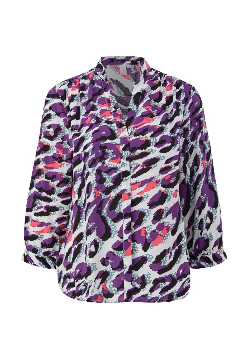 Blusa viola e bianca con motivo leopardato, dotata di scollatura a V, maniche lunghe e chiusura frontale con bottoni.