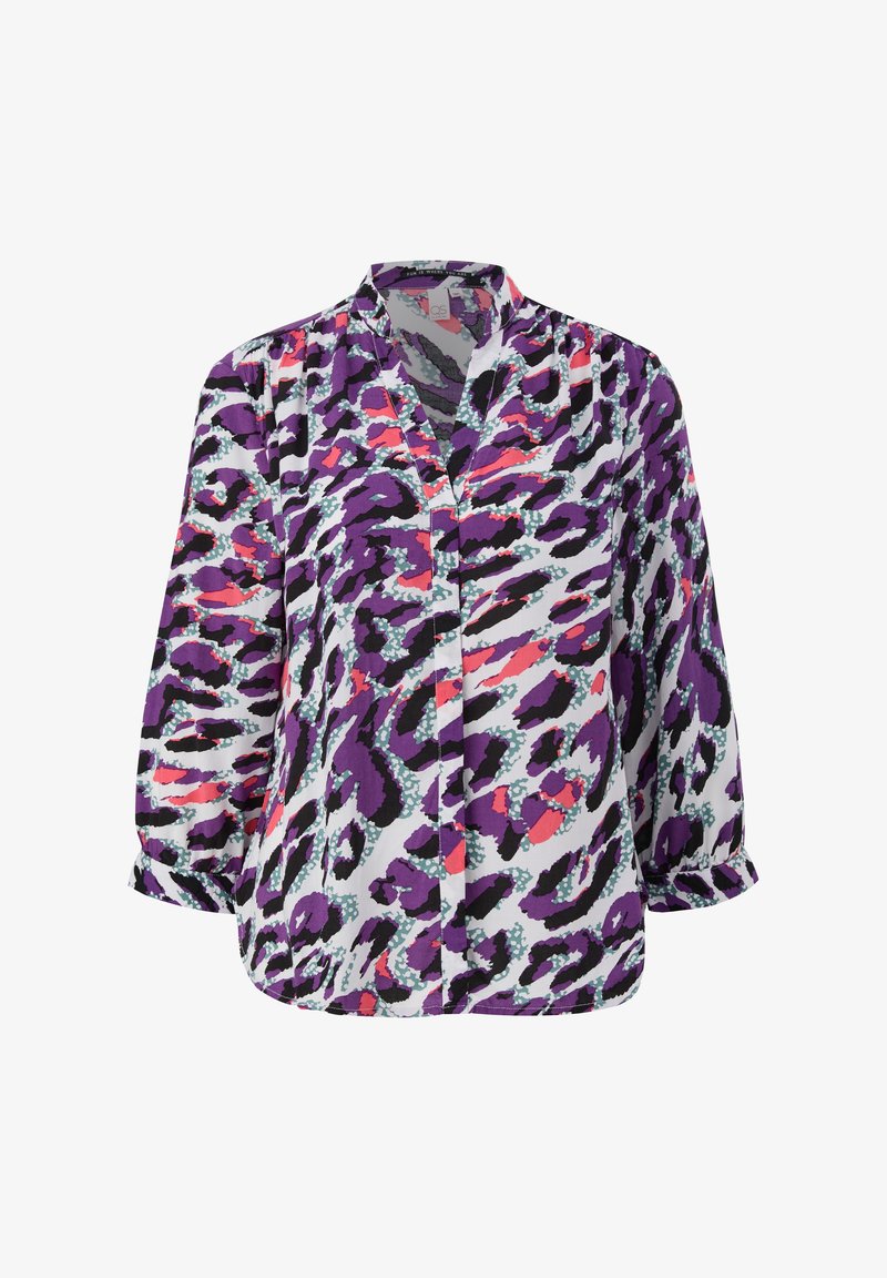 Lila und weiße Bluse mit einem Leopardenmuster, ausgestattet mit einem V-Ausschnitt, langen Ärmeln und einer Knopfleiste.