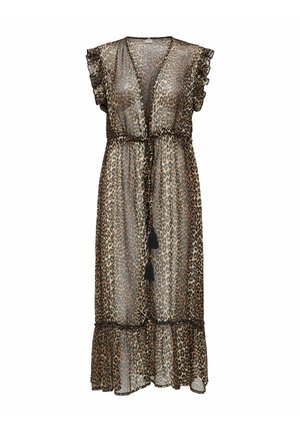 Rochie transparentă cu imprimeu leopard până la gleznă, cu decolteu în V, mâneci scurte cu volane, cordon cu ciucuri în talie și tiv cu volane.