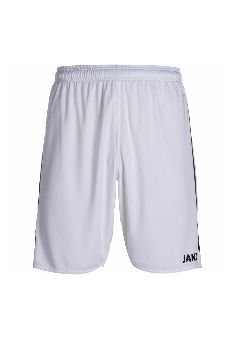 Weiße Sportshorts mit einem elastischen Bund, seitlichen schwarzen Akzenten und dem schwarzen "JAKO"-Logo auf der unteren rechten Seite. Leichtes Material.