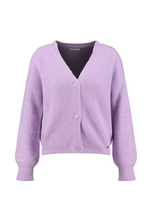 Lilakowy kardigan z grubym splotem, z dekoltem w serek, trzema guzikami z przodu, długimi balonowymi rękawami oraz prążkowanymi mankietami i dołem.