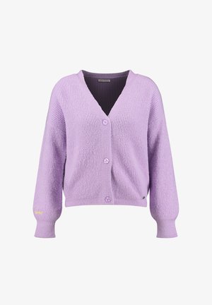 Cárdigan de punto grueso en color lila con cuello en V, tres botones delanteros, mangas largas tipo globo y puños y borde acanalados.