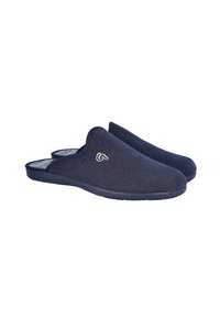 Zapatillas de fieltro azul marino con diseño de espalda abierta, suela de goma lisa y un sutil patrón a rayas en el forro interior.