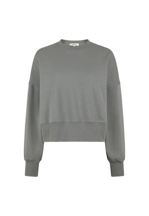 Sweat-shirt gris à col rond avec manches longues, poignets côtelés et large ourlet côtelé, affichant une coupe légèrement courte.