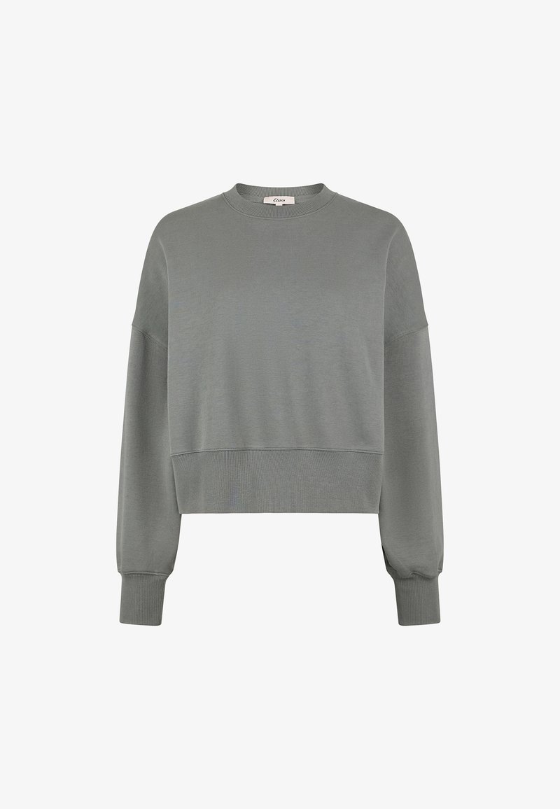 Sudadera gris con cuello redondo, mangas largas, puños acanalados y dobladillo ancho acanalado, que muestra un ajuste ligeramente corto.