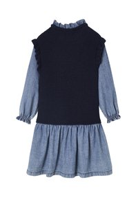 Langärmeliges Denim-Kleid mit elastischen Bündchen und gerafftem Kragen unter einem ärmellosen, marineblauen Strickwesten mit fransigen Armausschnitten.