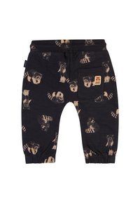 Dunkelblaue Baumwollhosen mit einem Waschbärmuster. Elastischer Bund mit gerafften Bündchen und einer Gesäßtasche mit einem kleinen Logopatch.