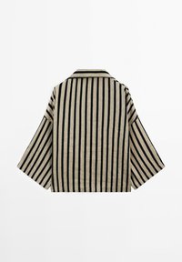 Beige jacket with wide sleeves featuring vertical black stripes, shown from the back on a white background.