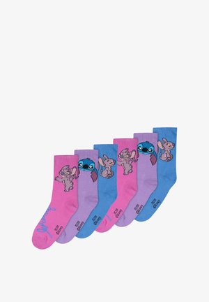 Set di sei calze con personaggi dei cartoni animati. I colori includono rosa, viola e blu. Ogni calza presenta design e fantasie diversi.
