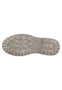 Gummi-Stiefelsohle, strukturiert mit tiefen Profilen, in beige. Verfügt über rechteckige Muster und eine Markenkennzeichnung in der Mitte.