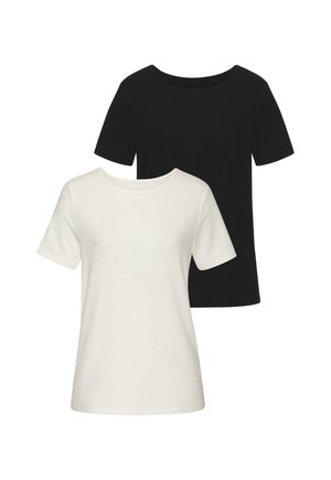 Two short-sleeve t-shirts: one black and one white, made from ribbed fabric, featuring a round neckline and a relaxed fit.