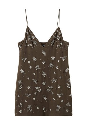 Vestido marrón sin mangas con tirantes finos, escote en V y patrones florales blancos bordados dispersos por la tela.