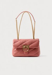 Pink leather handbag with quilted design, gold chain strap, and decorative gold hardware featuring two bird details on the front.