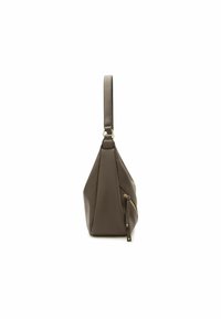 Braune Lederhandtasche mit einer strukturierten, geometrischen Form. Verfügt über einen einzelnen verstellbaren Trageriemen und eine seitliche Reißverschlusstasche. Glatte Textur.