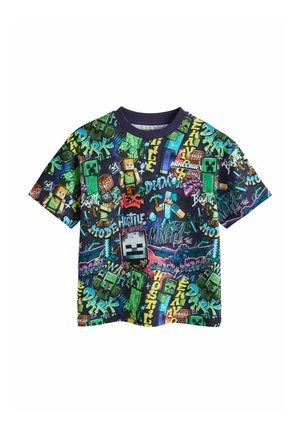 Kurzärmliges T-Shirt mit Rundhalsausschnitt, das ein farbenfrohes Minecraft-Design zeigt. Hergestellt aus Baumwolle, zeigt es verschiedene Charaktere und spielbezogene Grafiken.