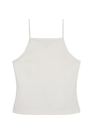 Crop top blanc sans manches avec fines bretelles et logo "cK" subtil brodé sur la poitrine, fond uni.