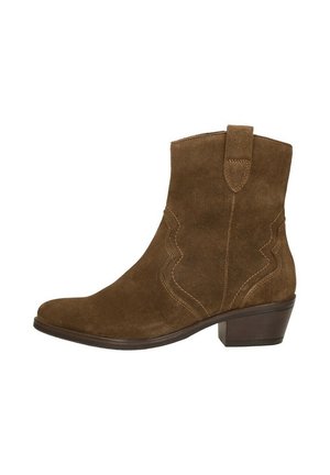 Brown suede ankle boot with a low stacked heel and decorative stitching, featuring a pull tab at the top.