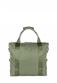 Olijfgroene nylon draagtas met twee brede hengsels, gevoerd handvat en een ritsluiting. Heeft een gestructureerde, rechthoekige vorm.